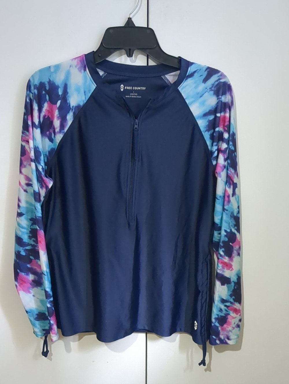 Free Country Navy Rash Guard with Blue & Pink Tie-Dye Sleeves